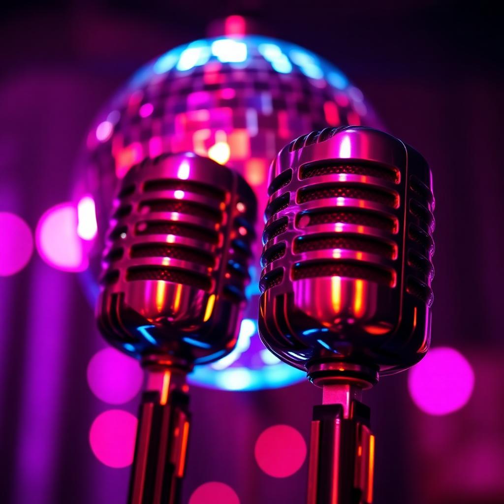Microphones and disco ball under neon lights
